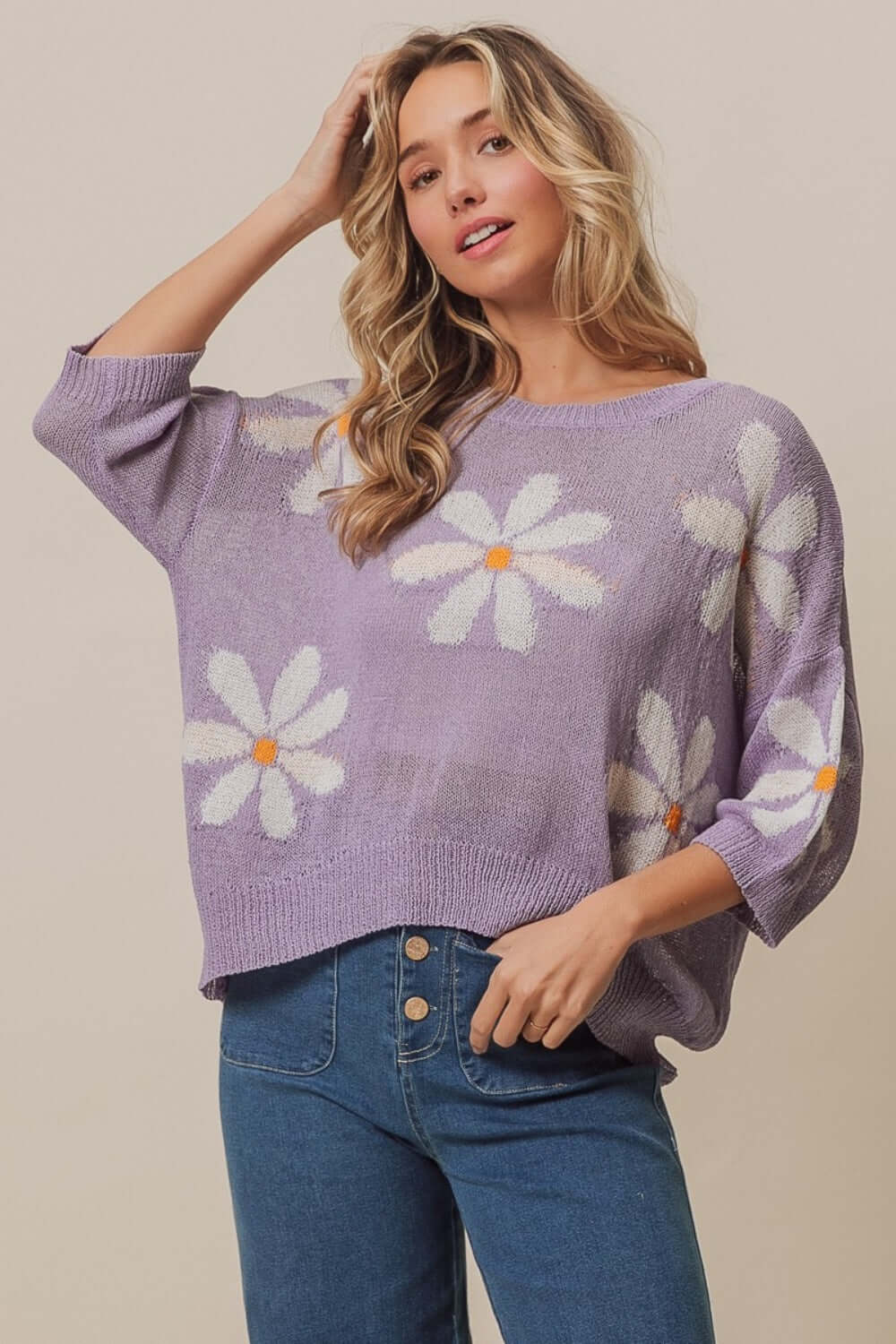 Lavender Floral Pattern Slit Sweater, BiBi, A Moment Of Now