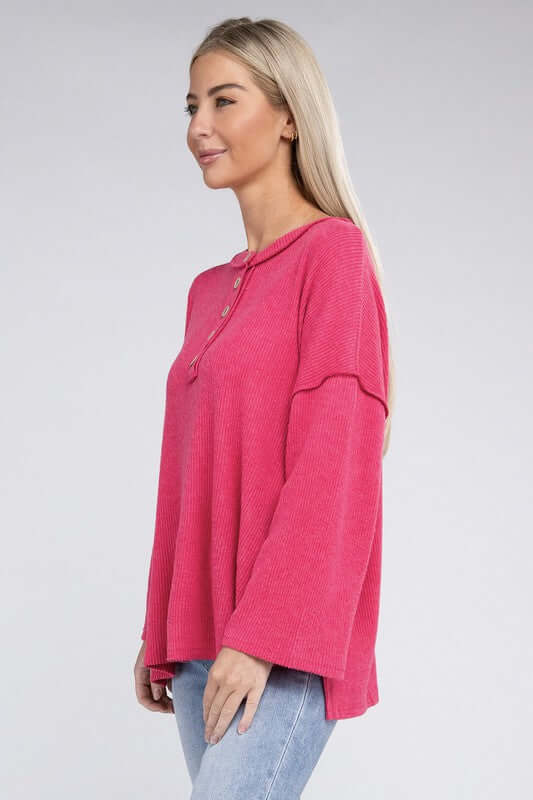 Ribbed Brushed Melange Hacci Henley Sweater, ZENANA, $ 29.00