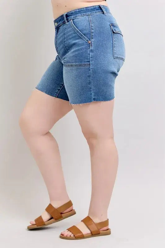 Judy Blue Mid Rise Bermuda Denim Shorts with Raw Hem | Plus Size, Shorts, $ 52.00, A Moment Of Now™