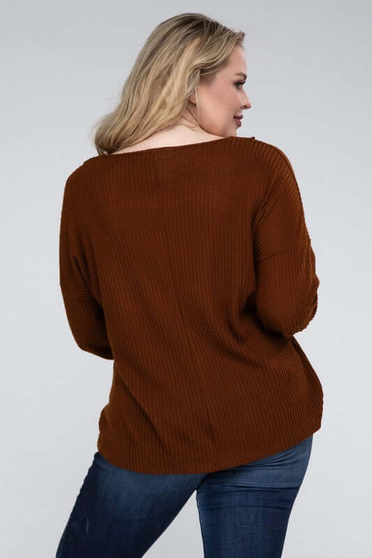 Plus Brushed Waffle V-Neck Button Detail Sweater, ZENANA, $ 28.00