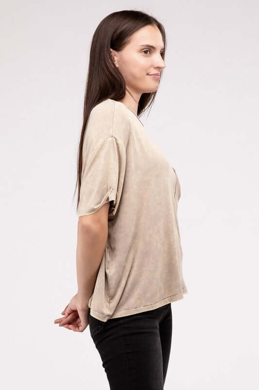 Washed Ribbed Cuffed Short Sleeve Round Neck Top, ZENANA, $ 32.95