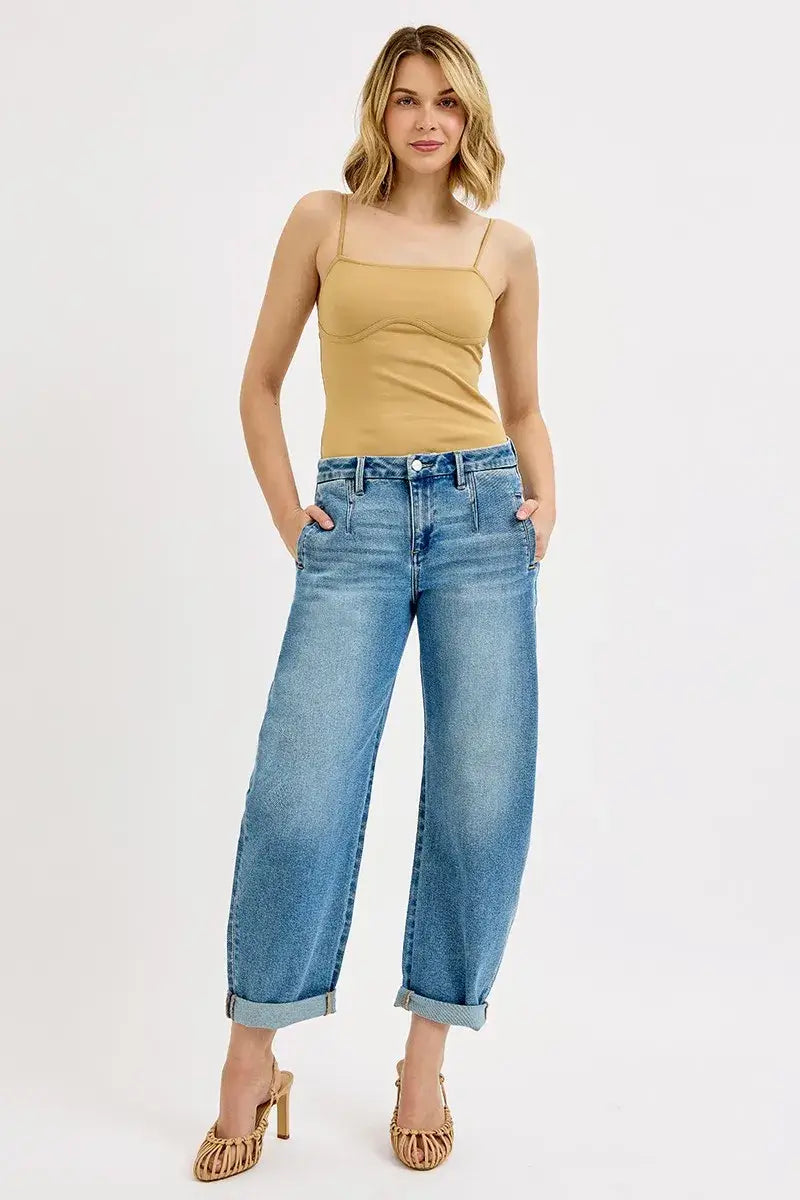 Medium Blue Mid Rise Fit Barrel Roll Up Jeans Plus Size - RISEN, Jeans, $ 75.00, A Moment Of Now™