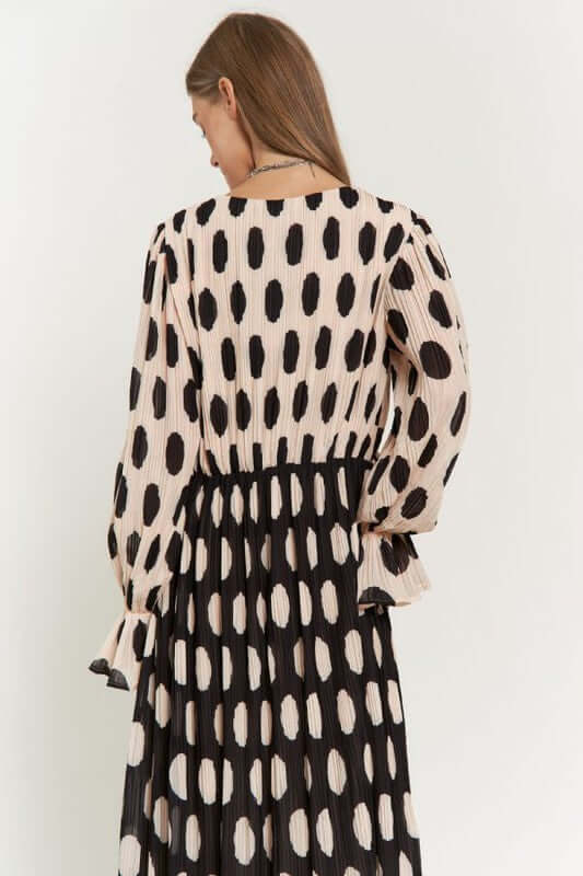 Shop Polka Dot Ruffled Long Sleeve Pleated Maxi Dress in Taupe Black, Dresses, USA Boutique