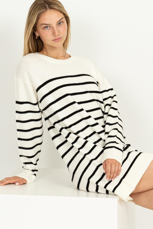 Shop Women's Black White Casually Chic Striped Sweater Dress, Sweater Dresses, USA Boutique