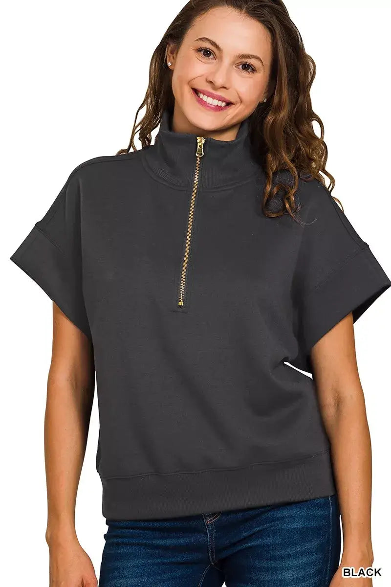 Zenana Scuba High Neck Half Zip Short Sleeve Top | Plus Size, Tops, $ 33.00, A Moment Of Now™