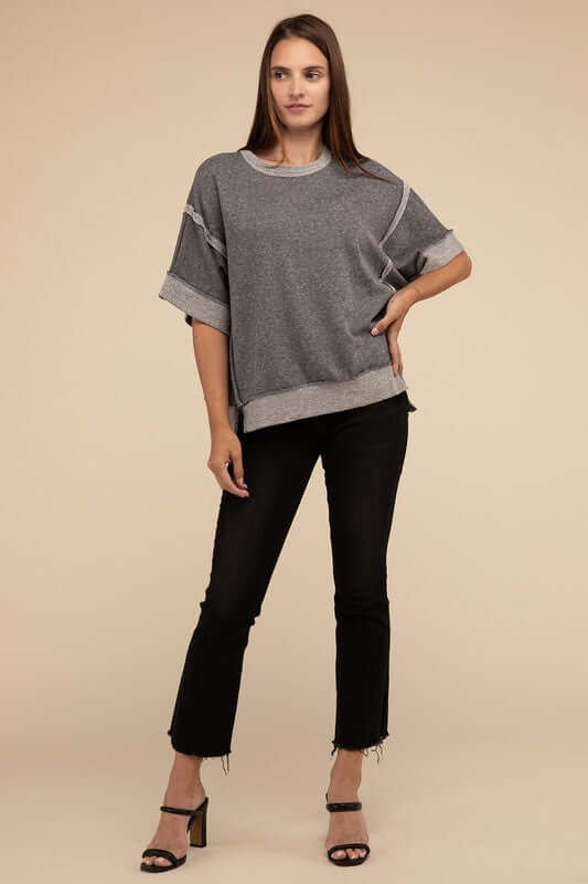 Contrast Trim Top Stitching Drop Shoulder Top, ZENANA, $ 35.95