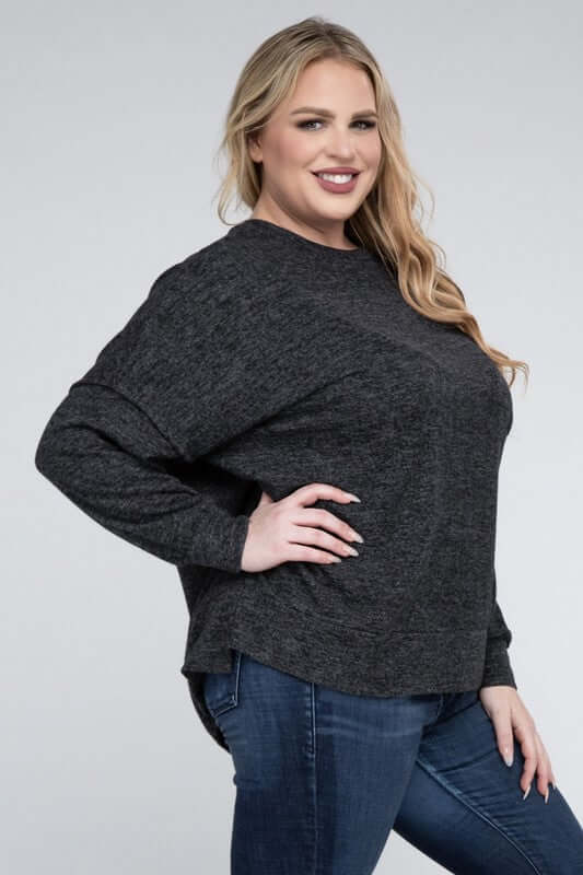 Plus Size Brushed Melange Drop Shoulder Sweater, ZENANA, $ 28.95