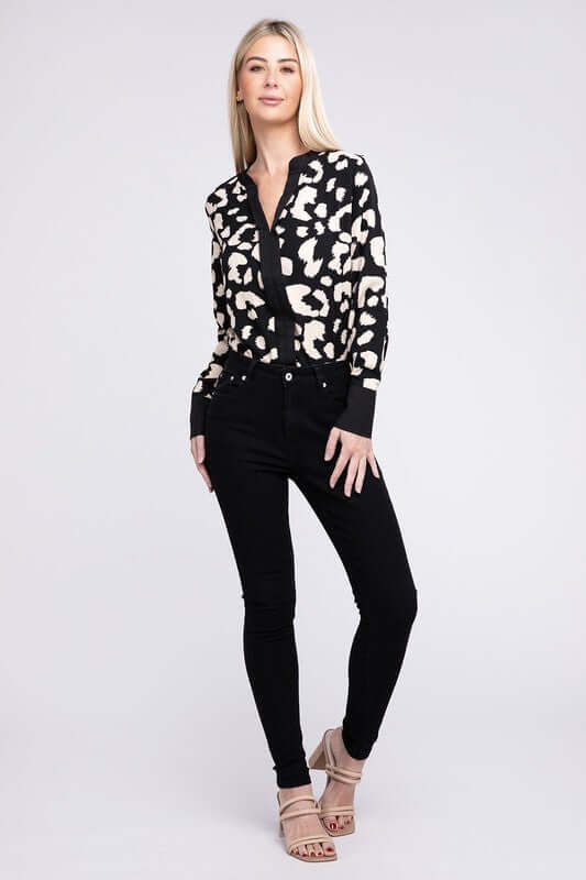 Black & White Leopard Notched Neck Blouse, Nuvi Apparel, $ 32.95