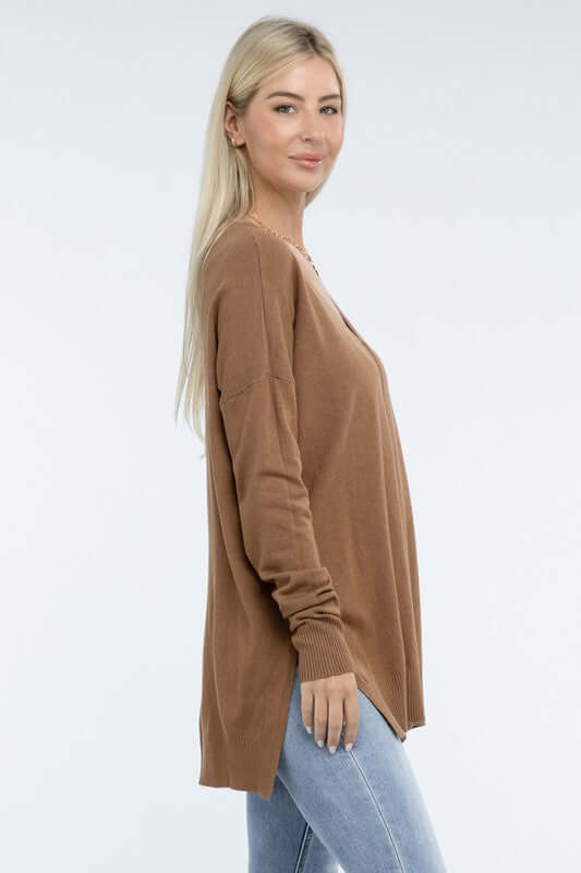 Women's Hi-Low Hem V Neck Front Seam Sweater | USA Boutique, ZENANA, $ 55.00