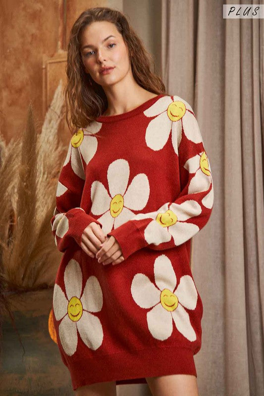 Shop Plus Size Happy Face Print Knit Sweater Dress with Pockets For Women, Sweater Dresses, USA Boutique
