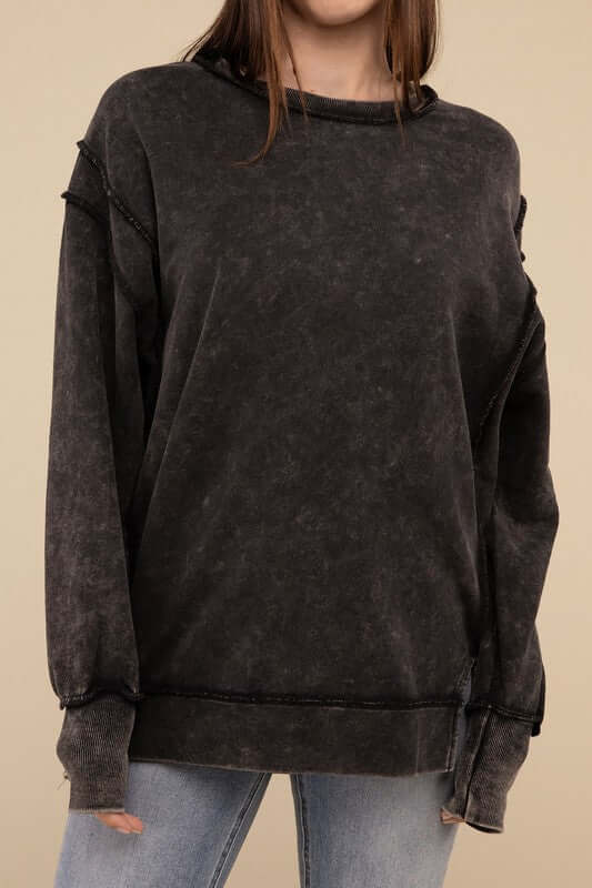 Ash Black Acid Wash French Terry Exposed-Seam Sweatshirt