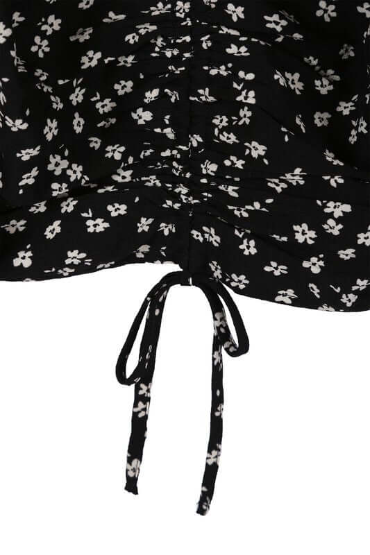 Black Ruched Floral Print Crop Top with Puff Sleeves, Lilou, A Moment Of Now