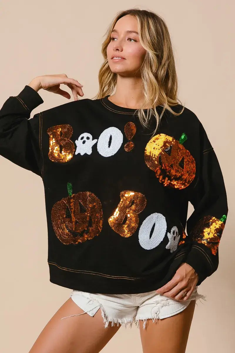 Black Halloween Sequin Embroidery Sweatshirt, Sweatshirts, $ 62.00, A Moment Of Now™