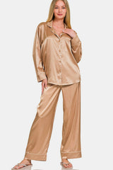 Women's Brush Satin Long Sleeve Shirt and Pants Pajama Set Loungewear, Zenana, $ 55.00