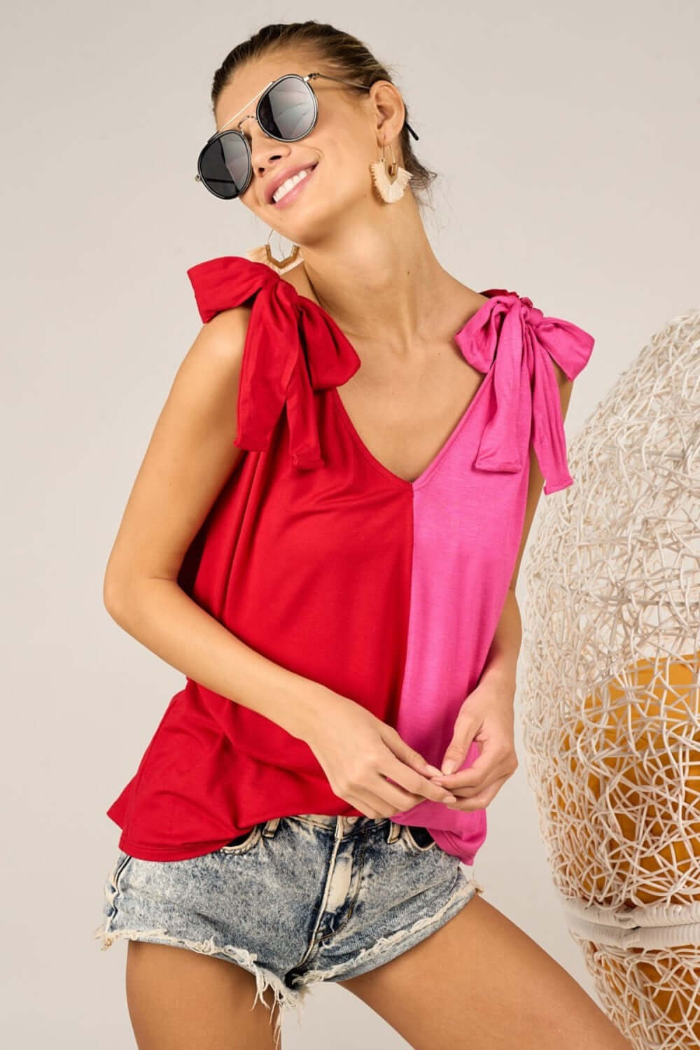 Red Shoulder Ribbon Tied Contrast Tank - Trendy & Chic, Tank Tops, $ 35.00, A Moment Of Now™