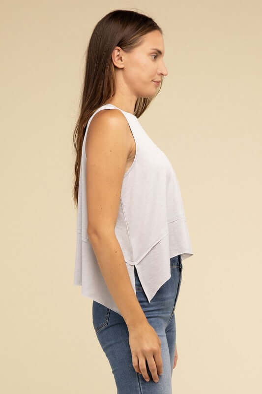 Women's Shark Bite Side Slit Short Sleeveless Top | USA Boutique, ZENANA, $ 25.95