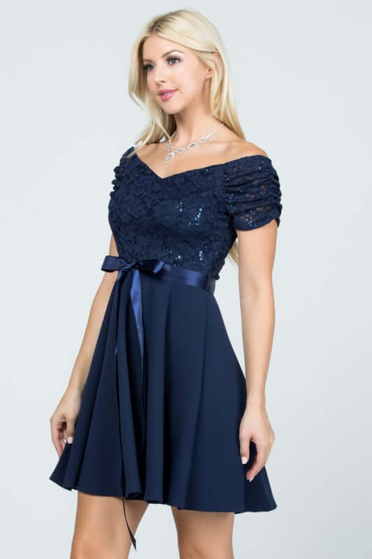 Navy Off The Shoulder Mini Dress with Lace Sleeves, Dresses, $ 65.00, A Moment Of Now™