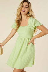 Green Tie Back Mini Dress with Puff Sleeves, Lilou, $ 38.95