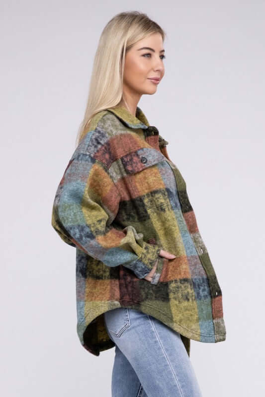 Women's Loose Fit Buttoned Down Check Shirt Jacket Plaid Shacket, BiBi, $ 55.00