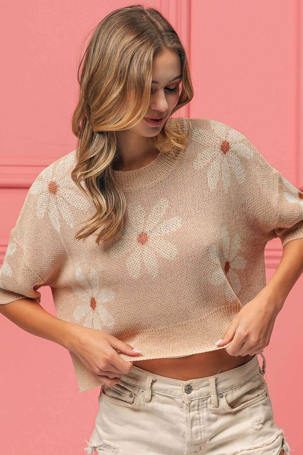 Boho Beige Floral Pattern Slit Sweater Top, Sweaters, $ 42.00, A Moment Of Now™