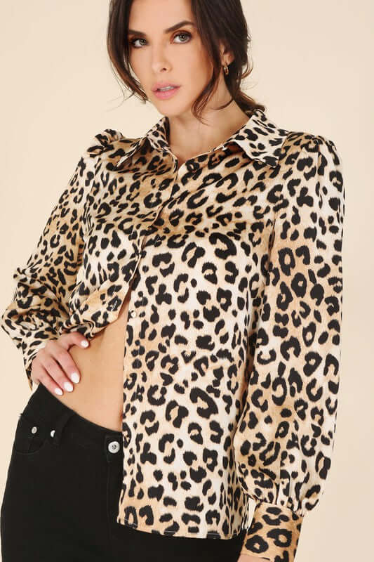 Brown Satin Leopard Long Sleeve Collared Blouse Shirt, Lilou, A Moment Of Now