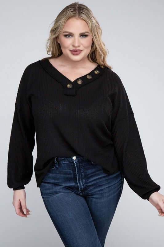 Plus Brushed Waffle V-Neck Button Detail Sweater, ZENANA, $ 28.00