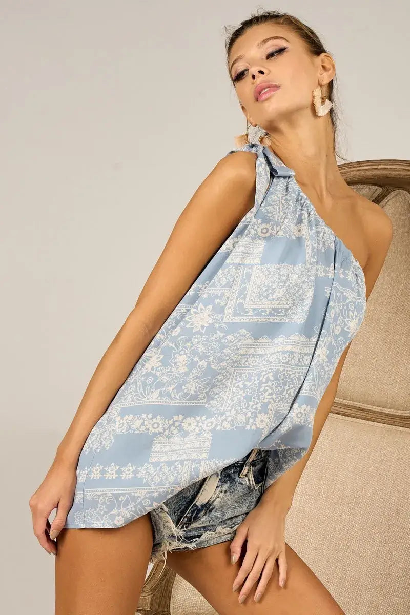 Aztec Printed Woven One Shoulder Top | Trendy Style, Tops, $ 28.00, A Moment Of Now™