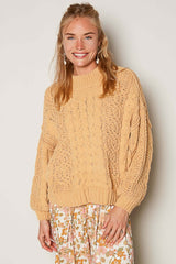 Women's Honey Gold Mock Neck Cable Knit Sweater | USA Boutique, POL, $ 58.00