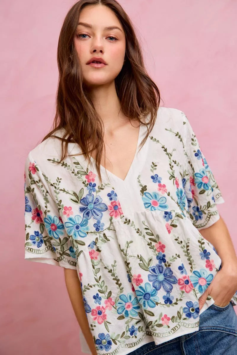 Floral Embroidered Baby Doll Blouse Top | Boutique In USA, Blouses, $ 49.00, A Moment Of Now™