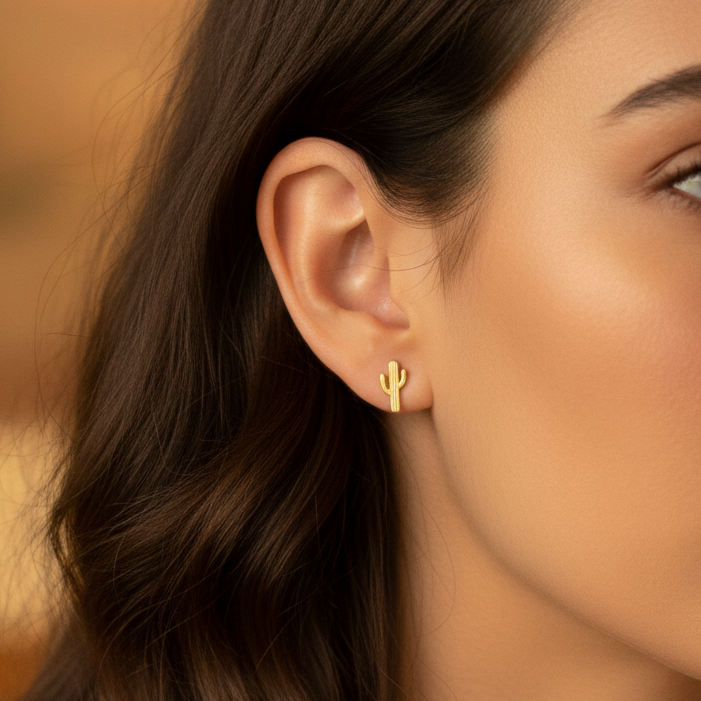 Desert Cactus Metal Stud Earrings - Hypoallergenic Mini Plant Studs