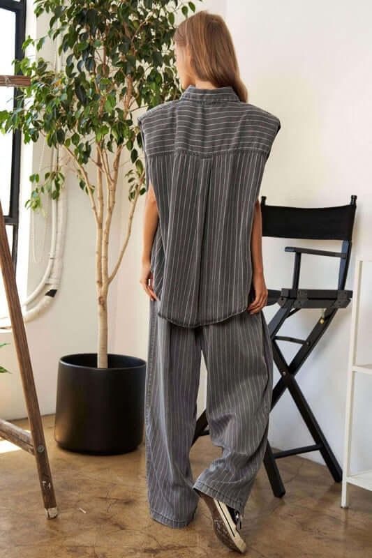 Gray Stripe Button Down Shirt and Long Pants Set, Davi & Dani, A Moment Of Now