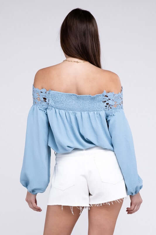 Sky Blue Lace Patchwork off-Shoulder Blouse, Nuvi Apparel, $ 38.70