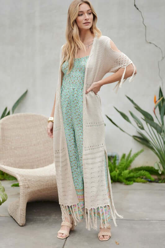 Women's 3/4 Sleeve Solid Long Cardigan With Fringe | USA Boutique, Davi & Dani, $ 59.00