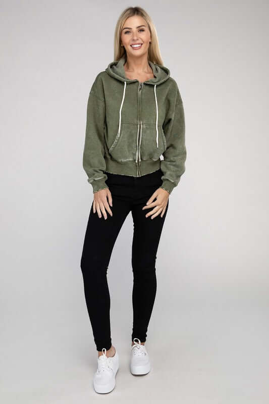 Acid Wash Fleece Cropped Zip-Up Hoodie, ZENANA, $ 49.95