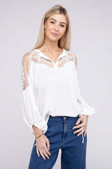 White Lace Patchwork Long Bishop Sleeve Blouse, Nuvi Apparel, $ 44.95