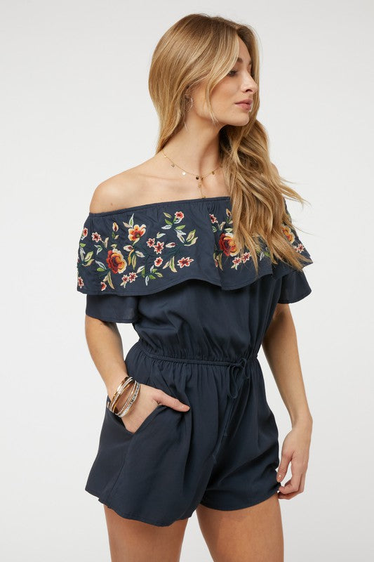 Shop Floral Embroidered Off Shoulder Romper | USA Women's Boutique Online, Rompers, USA Boutique