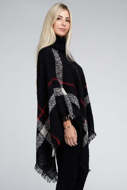 Ivory Black Turtleneck Plaid Knit Pancho, Nuvi Apparel, $ 45.95