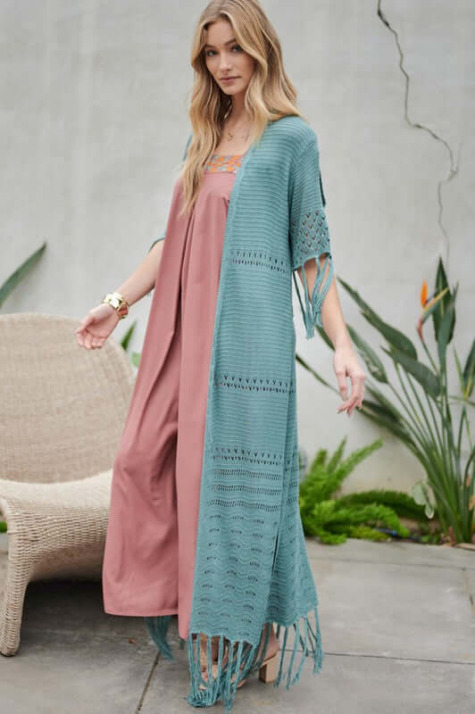 Women's 3/4 Sleeve Solid Long Cardigan With Fringe | USA Boutique, Davi & Dani, $ 59.00