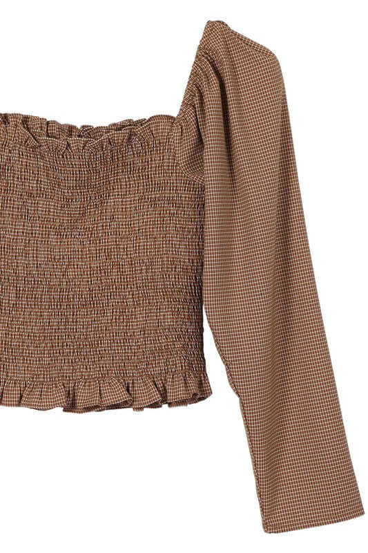 Women's Brown Long Sleeve Square Neck Smocking Top | USA Boutique, Lilou, $ 38.95