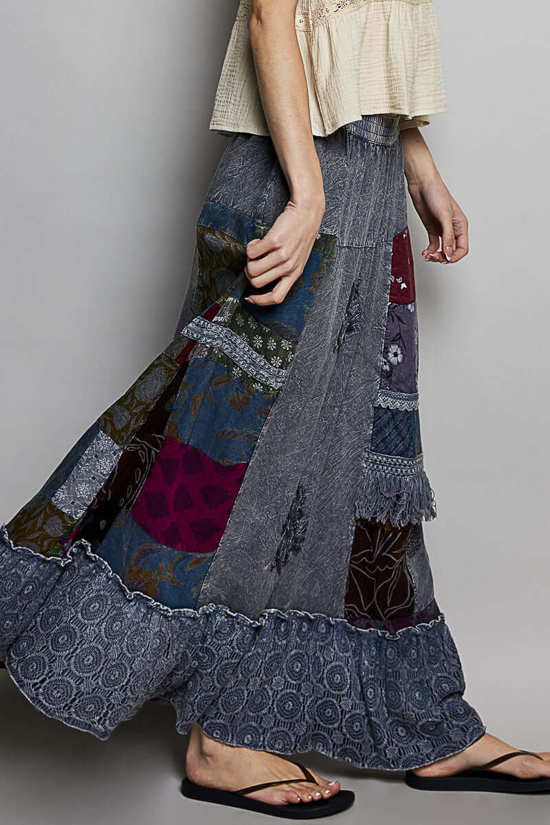 POL Charcoal Printed Patchwork Embroidered Ruffled Maxi Skirt, Skirts, $ 69.00, A Moment Of Now™