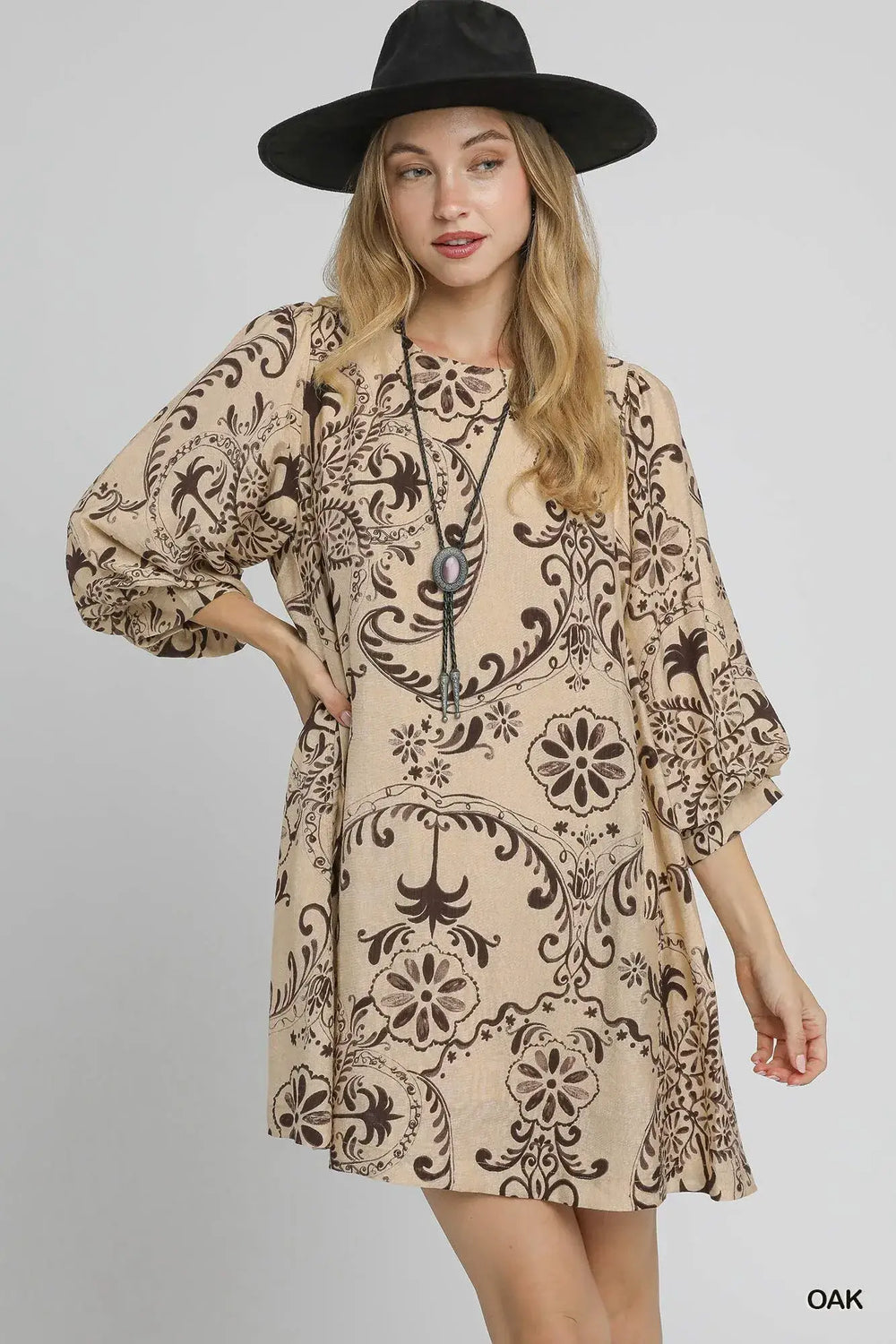 Oak Brown Boho Printed Balloon Sleeve Mini Dress, Dresses, $ 62.00, A Moment Of Now™