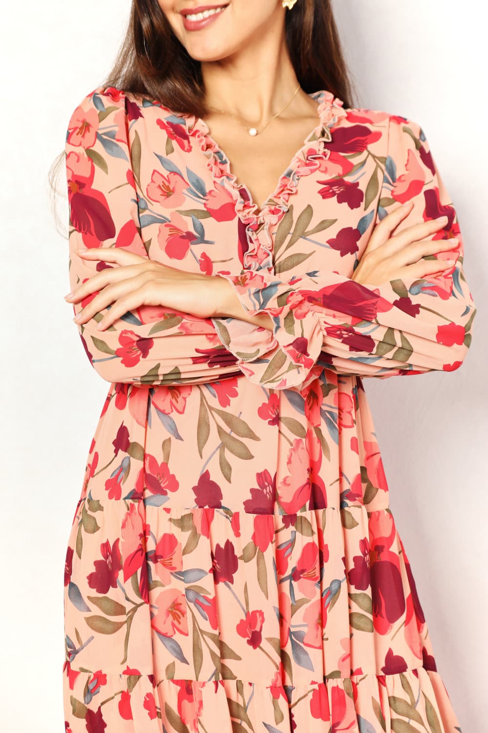 Pink Red Floral Print Frill Trim Flounce Sleeve Plunge Maxi Dress