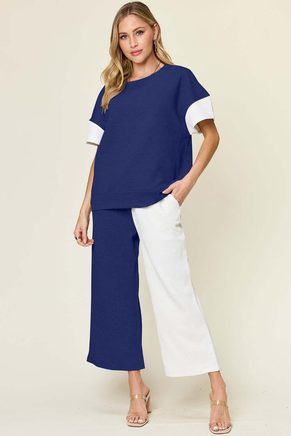 Short Sleeve Contrast T-Shirt and Wide Leg Pants Set, Double Take, A Moment Of Now