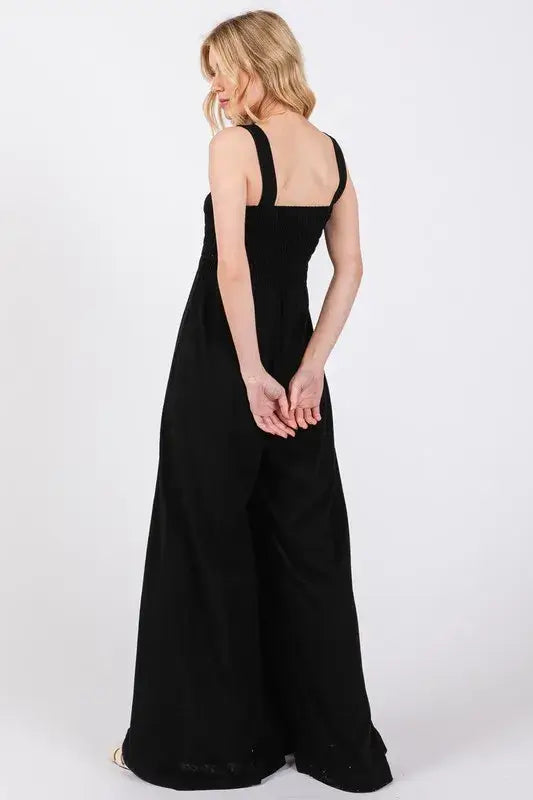 Black Smocked Flowy Wide Leg Jumpsuit, Jumpsuits, $ 49.00, A Moment Of Now™