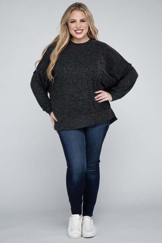 Plus Size Brushed Melange Drop Shoulder Sweater, ZENANA, $ 28.95