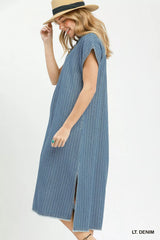 Umgee Pinstripe Denim Collared Midi Dress with Side Slits | Boutique In USA, Dresses, $ 69.00, A Moment Of Now™