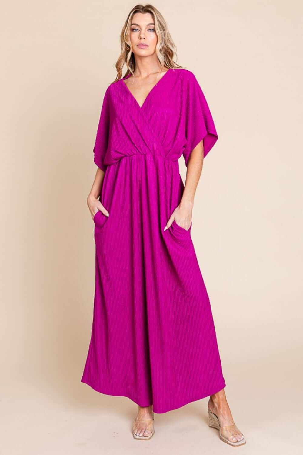 Magenta Surplice Maxi Dress with Pockets, BOMBOM, A Moment Of Now