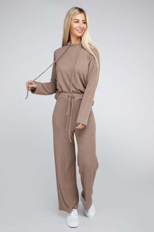 Beige Plus Size Textured Hoodie Top and Pants Set, Nuvi Apparel, $ 48.95