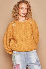 Honey Mustard Cable Knit Cutout Long Sleeve Sweater, POL, $ 49.00