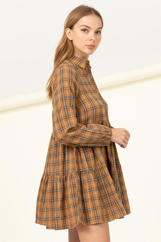 Camel Effortless Love Plaid Print Babydoll Dress